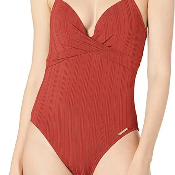 Vince Camuto Ivory Halter Wrap Front Molded Cups One Piece Women's Swims… - Picture 4 of 16